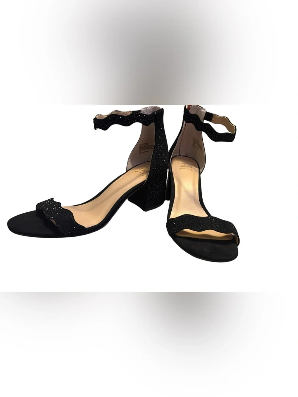 INC Hadwin Crystal Block Heel Sandals Size 8 Black Rhinestone Ankle Strap Party